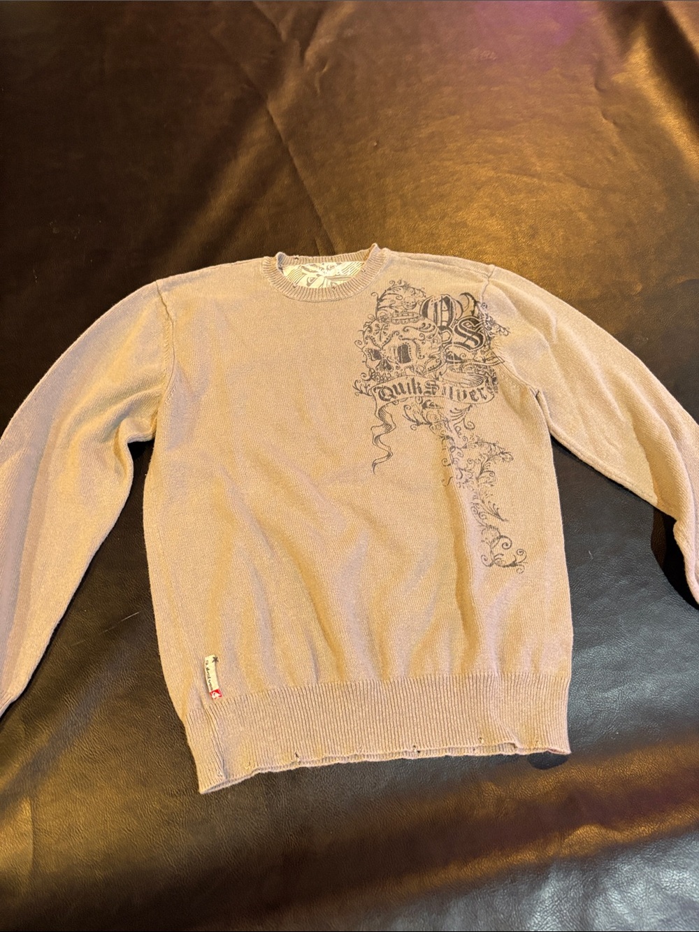 Quiksilver Men's Crewneck Sweater in Beige with Dark Gray Chest Graphic